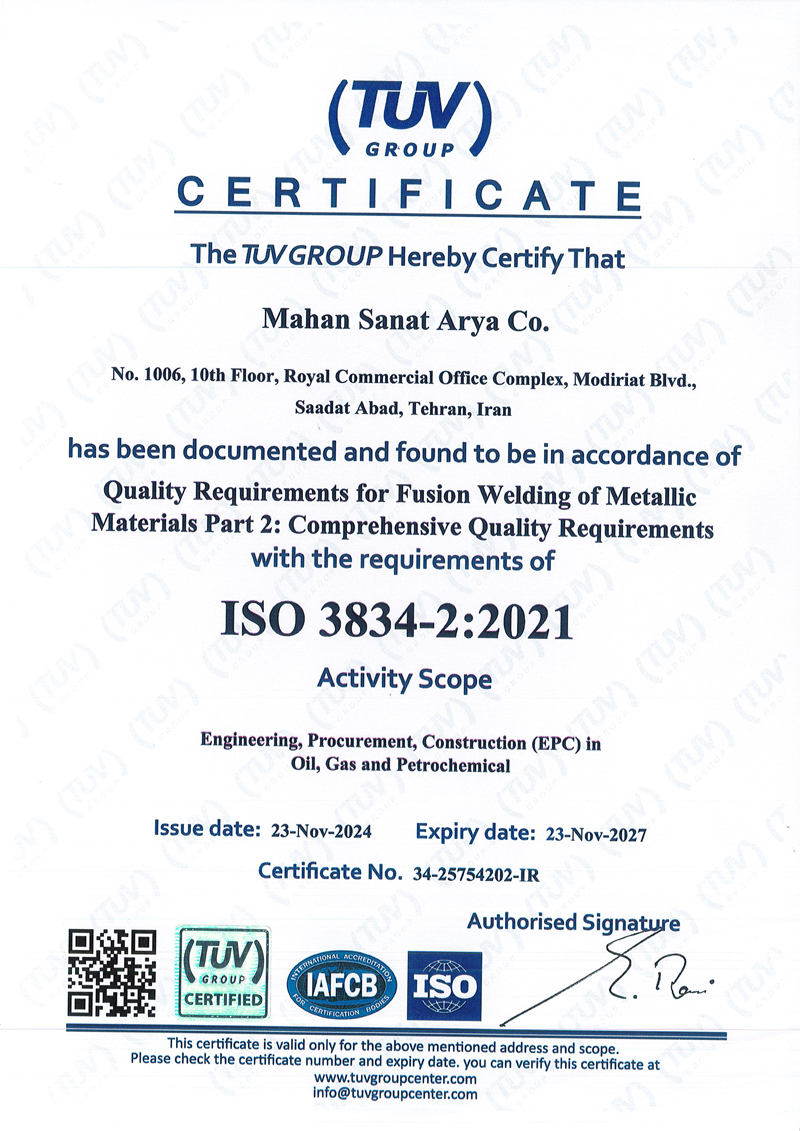 International standard certificate ISO 3834-2:2021 Fusion Welding metallic materials Part 2
